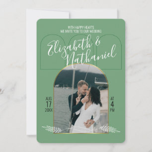 Golden Arch Boho Script Green Photos Custom Invitation