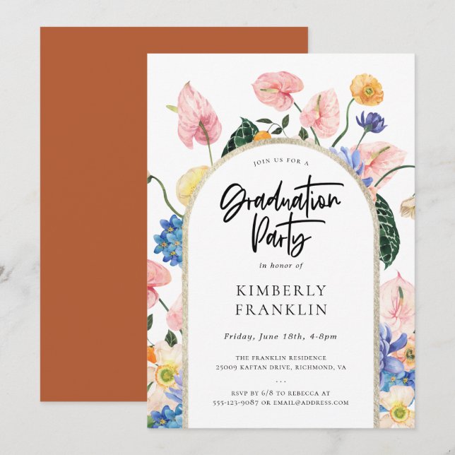 Golden Arch Summer Floral Graduation Party Invitat Invitation (Front/Back)