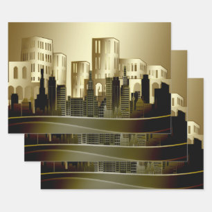 Golden Architectural Cityscape Abstract Decoupage Wrapping Paper Sheet
