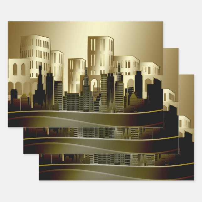 Golden Architectural Cityscape Abstract Decoupage Wrapping Paper Sheet (Set)