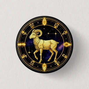 Golden Aries Zodiac Circle With Ram 3 Cm Round Badge