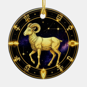 Golden Aries Zodiac Circle With Ram Ceramic Ornament