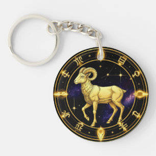 Golden Aries Zodiac Circle With Ram Key Ring