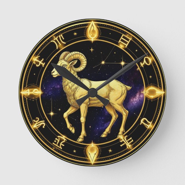 Golden Aries Zodiac Circle With Ram Round Clock (Front)