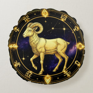 Golden Aries Zodiac Circle With Ram Round Cushion