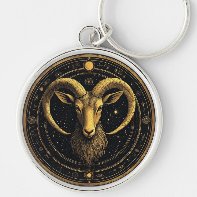 Golden Aries Zodiac Shield Key Ring (Front)