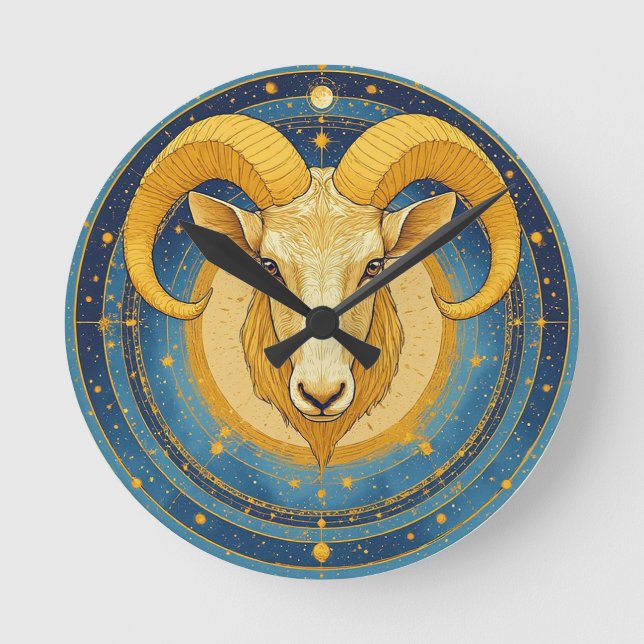 Golden Aries Zodiac Shield Round Clock (Front)