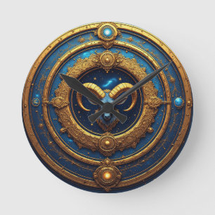 Golden Aries Zodiac Shield Round Clock