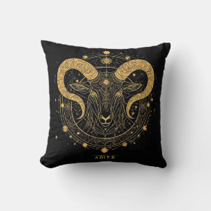 Golden Aries Zodiac Symbol With Ornaments Cushion