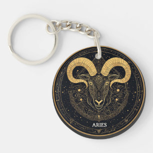 Golden Aries Zodiac Symbol With Ornaments Key Ring