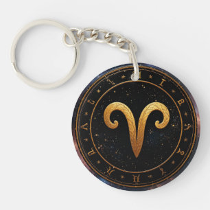 Golden Aries Zodiac Wheel Symbol Key Ring