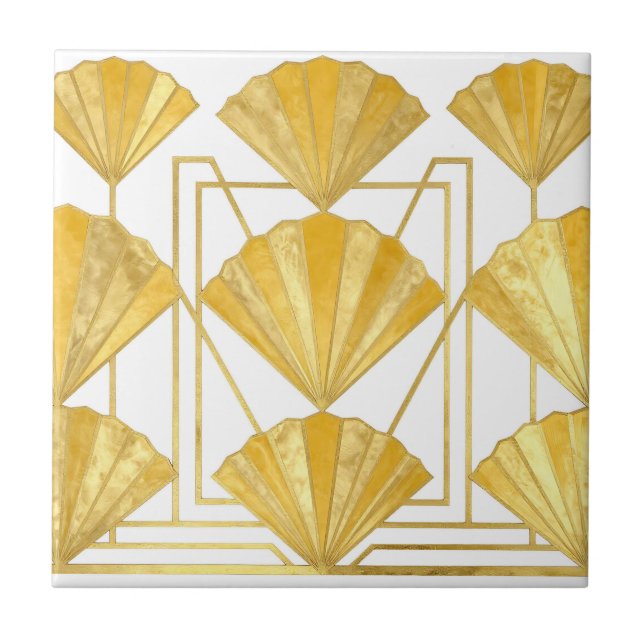 Golden Art Deco Fan Pattern Ceramic Tile (Front)