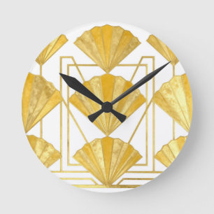 Golden Art Deco Fan Pattern Round Clock