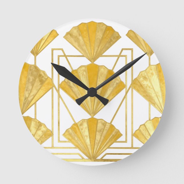 Golden Art Deco Fan Pattern Round Clock (Front)