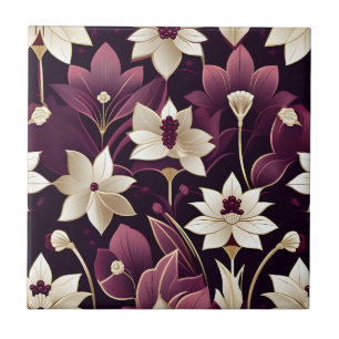 Golden Art Deco Flowers Burgundy Ceramic Tile