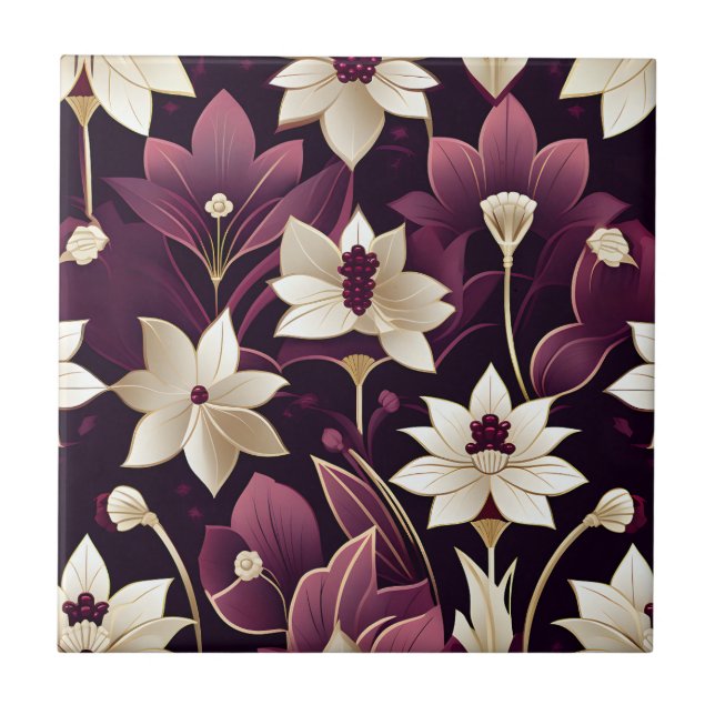 Golden Art Deco Flowers Burgundy Ceramic Tile (Front)