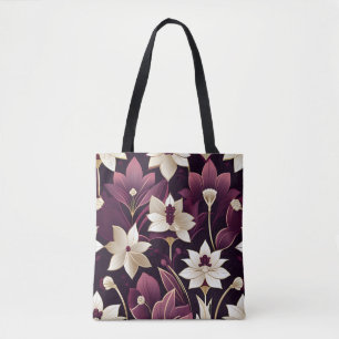 Golden Art Deco Flowers Burgundy Tote Bag