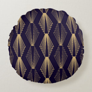 Golden art Deco Pattern. Seamless dark blue backgr Round Cushion