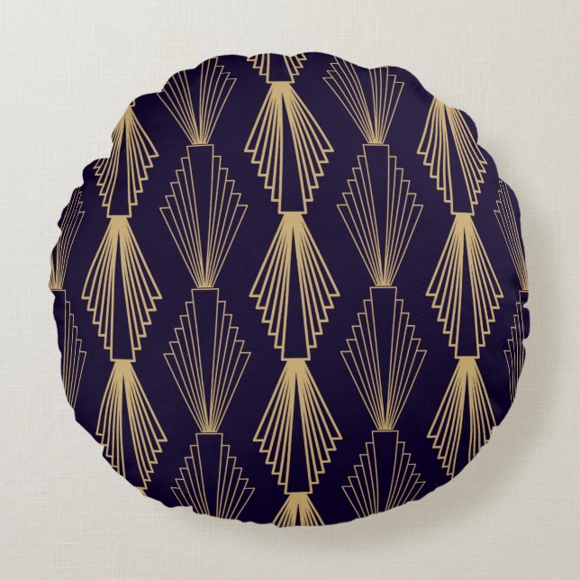 Golden art Deco Pattern. Seamless dark blue backgr Round Cushion (Front)