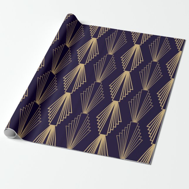 Golden art Deco Pattern. Seamless dark blue backgr Wrapping Paper (Unrolled)