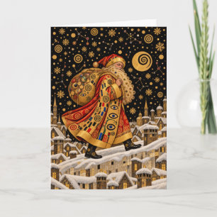 Golden Art Nouveau Santa Claus Mosaic Christmas Holiday Card