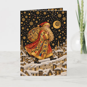 Golden Art Nouveau Santa Claus Mosaic Christmas Holiday Card