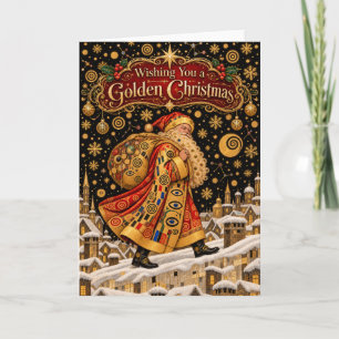 Golden Art Nouveau Santa Claus Mosaic Christmas Holiday Card