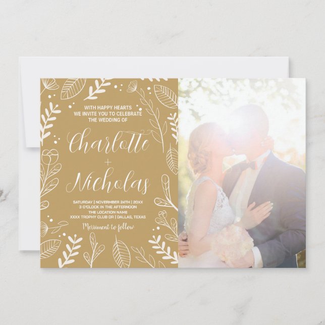 Golden Art Wedding Invitations with photo (Front)