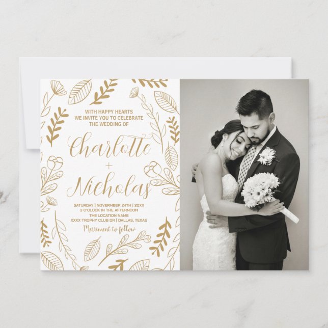 Golden Art White Wedding Invitations with photo (Front)