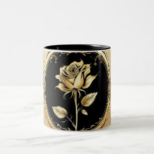 Golden Artistic Rose Design with Ornate Details Two-Tone Coffee Mug