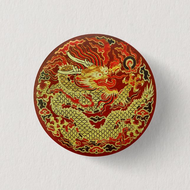 Golden asian dragon embroidered on dark red 3 cm round badge (Front)