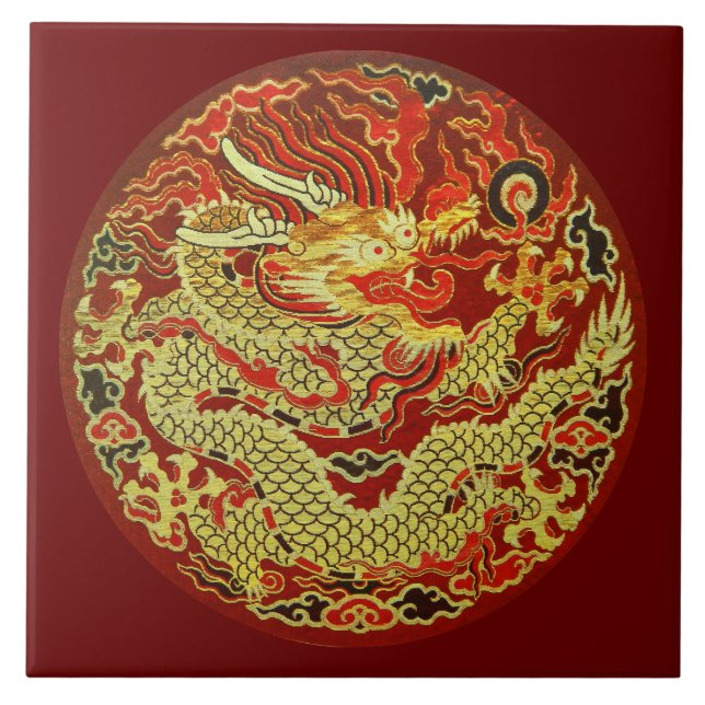 Golden asian dragon embroidered on dark red ceramic tile (Front)