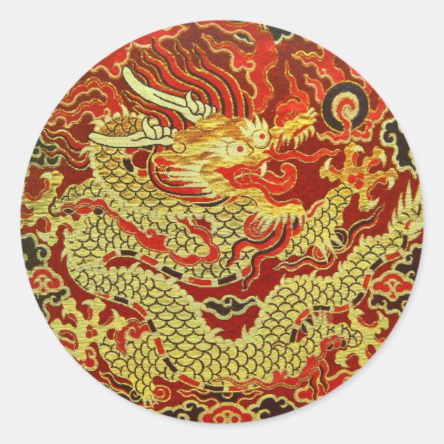 Golden asian dragon embroidered on dark red classic round sticker (Front)