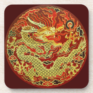 Golden asian dragon embroidered on dark red coaster