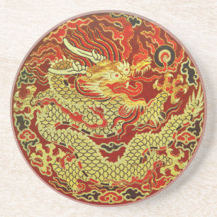 Golden asian dragon embroidered on dark red coaster