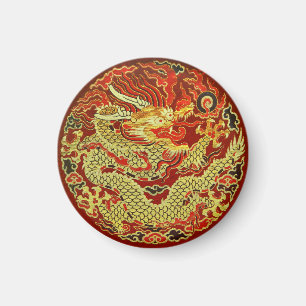Golden asian dragon embroidered on dark red magnet