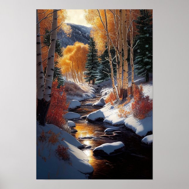 Golden Aspen Trees in the Snow by the River Poster (Front)