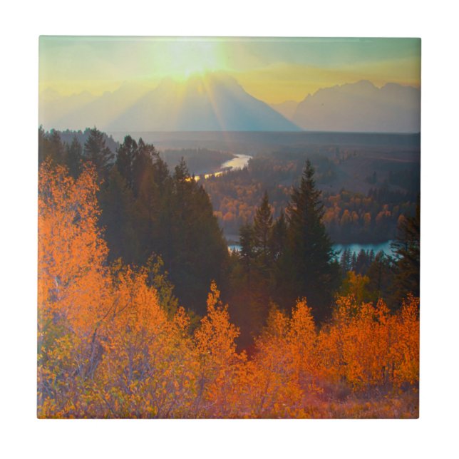 Golden Aspens Above Snake River At Sunset Ceramic Tile (Front)