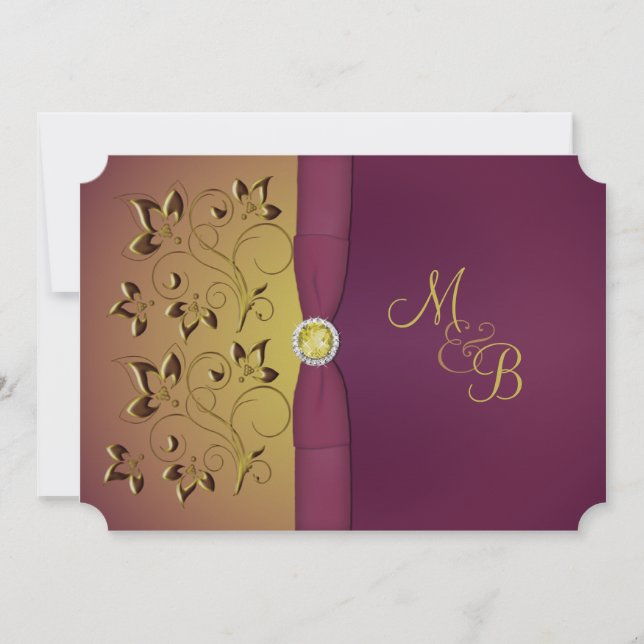 Golden Aubergine Floral Monogrammed Invitation (Front)