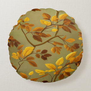 Golden Autumn: A Seamless 3D Leaf Pattern Round Cushion