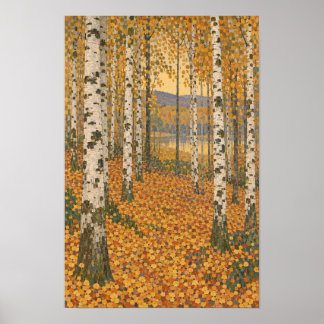 Golden Autumn Birch Forest – Art Nouveau Wall Art