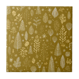 Golden Autumn Christmas Botanical Pattern Ceramic Tile