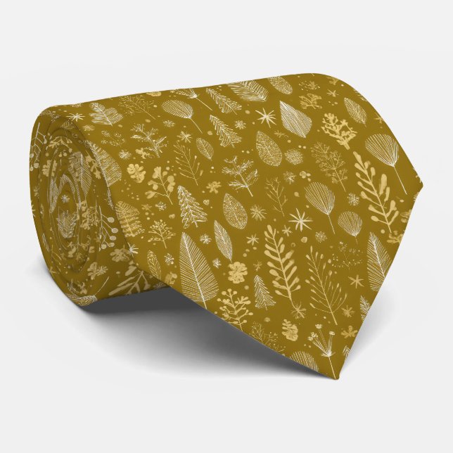 Golden Autumn Christmas Botanical Pattern Tie (Rolled)