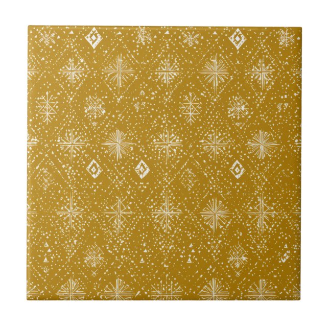 Golden Autumn Christmas Snowflake Pattern Ceramic Tile (Front)