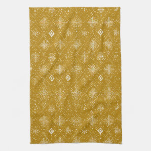 Golden Autumn Christmas Snowflake Pattern Tea Towel