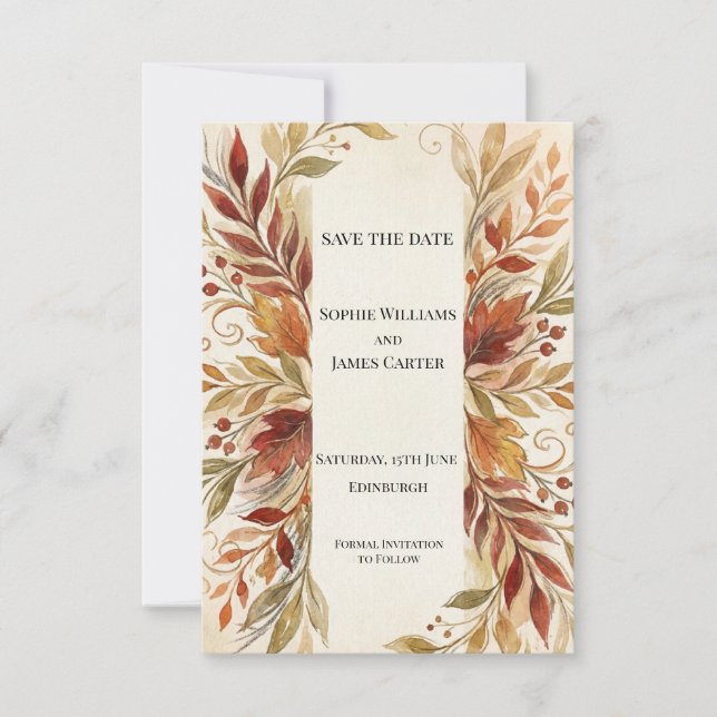 Golden Autumn Floral Save The Date Card (Front)