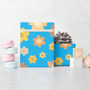 Golden Autumn Flowers Blue Seamless Fall Birthday Wrapping Paper