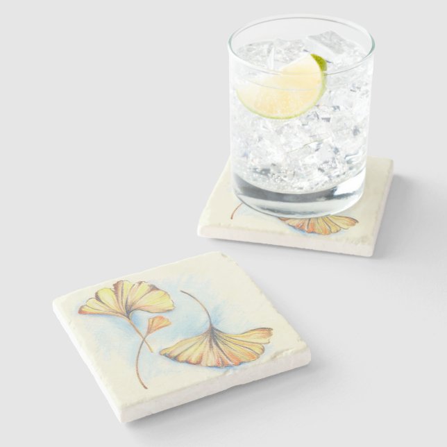 Golden Autumn Ginkgo Leaves Stone Coaster (Side)