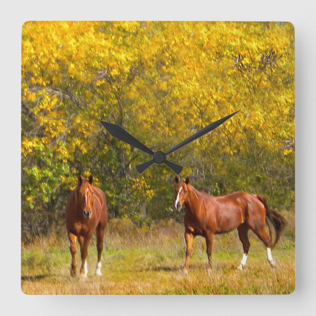Golden Autumn Horses Square Wall Clock (Front)