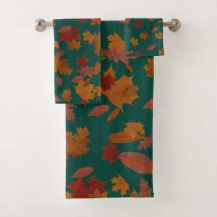 Golden Autumn Leaves on Custom Colour Turquoise Bath Towel Set